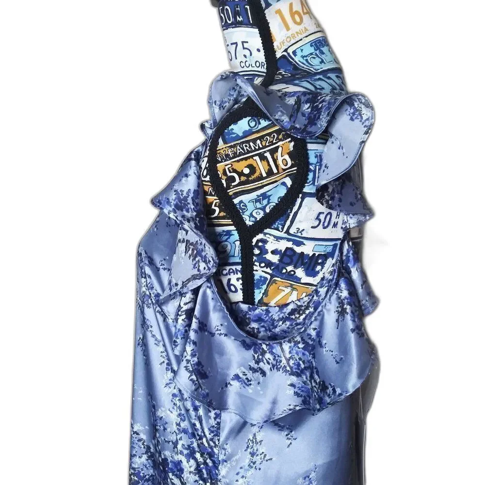 WAYF Quinn Floral Satin Midi Slip Dress Cold Shoulder Side Slit Ruffles Blue S